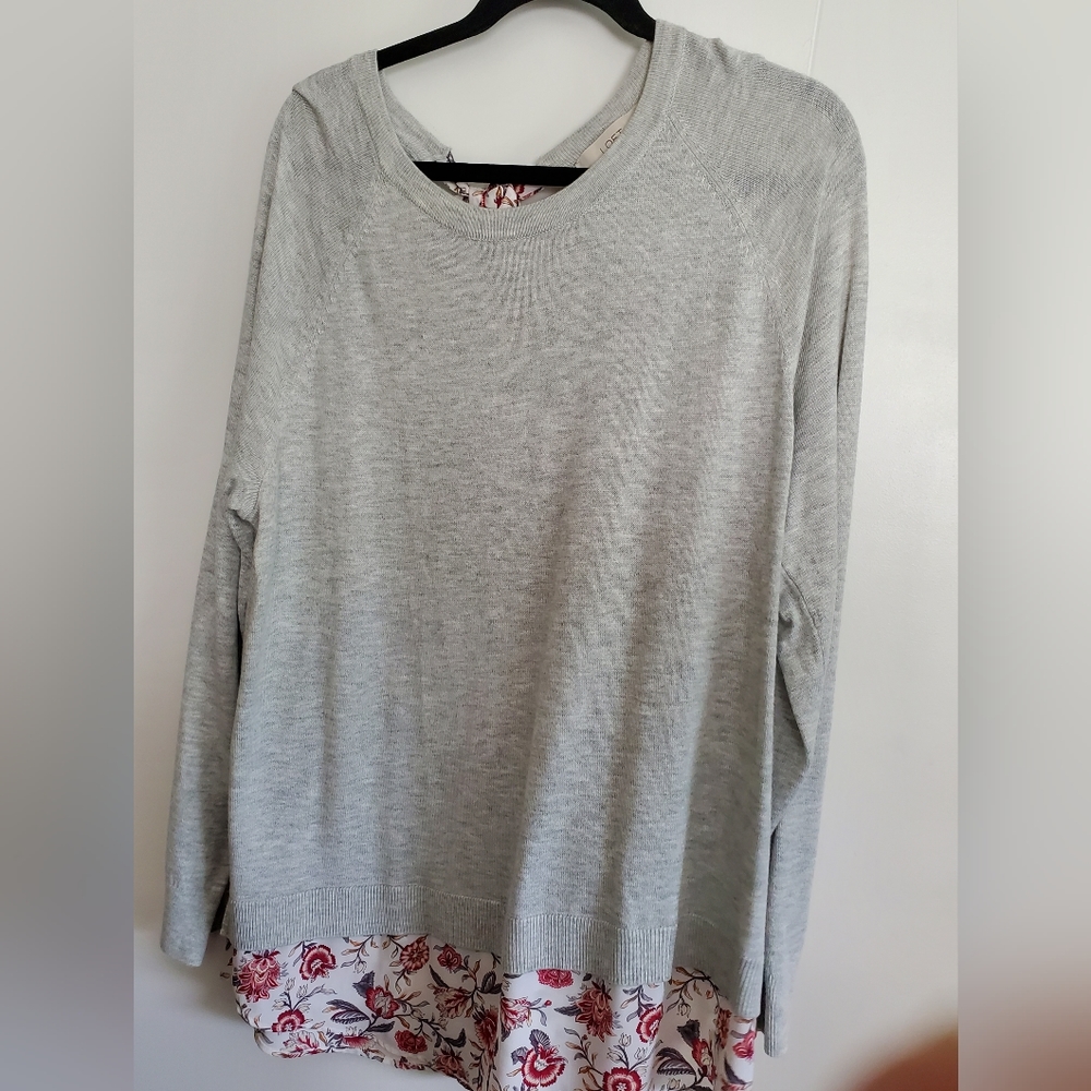 LOFT Gray Sweater with Floral Hem